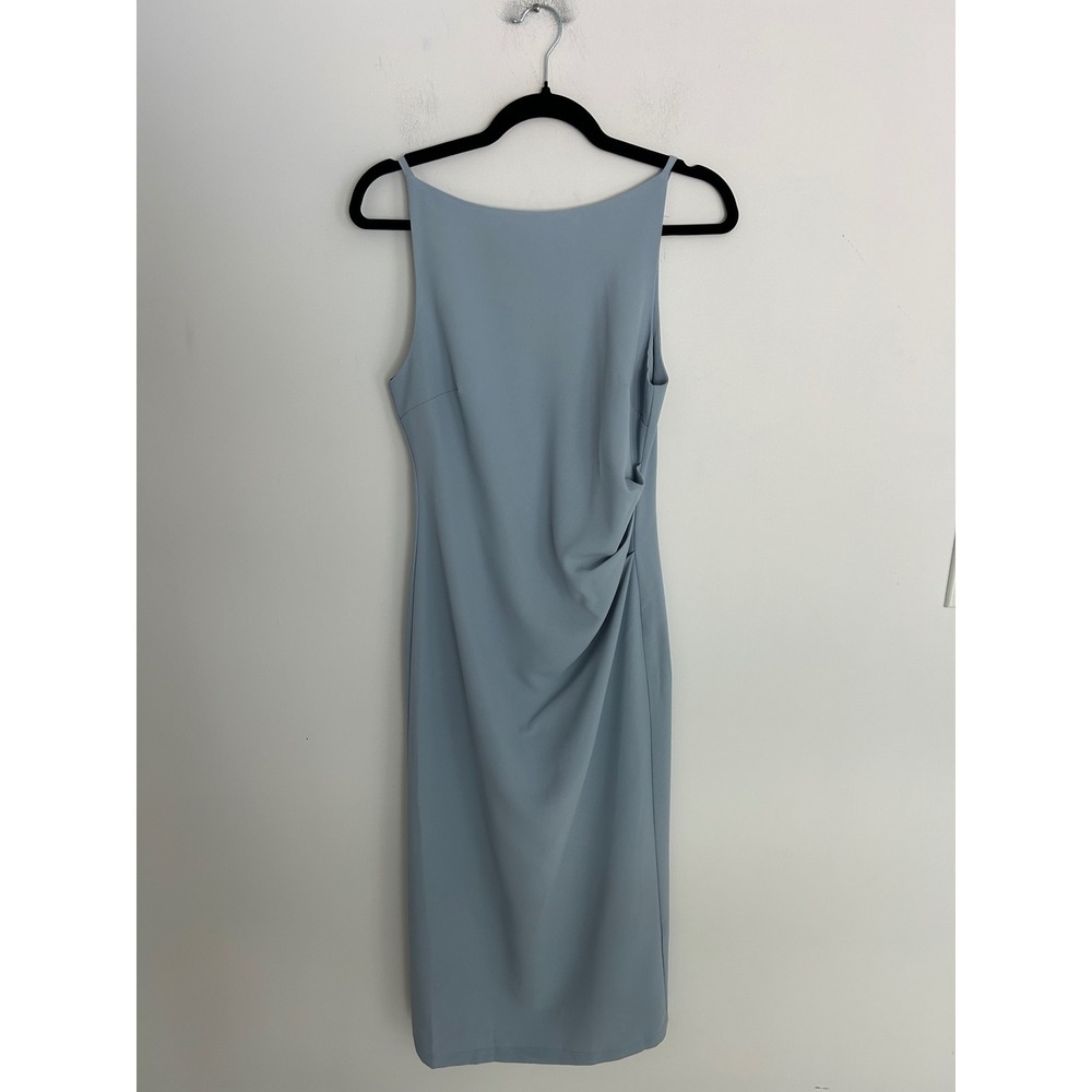 Commense Blue Draped Side Sleeveless Boat Neck Midi Dress‎ Sz M Elegant Cocktail